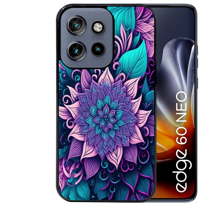 Coque noire taperso pour Moto Edge 60 et Neo Fusion Pro avec motif tropical mandala et fleur violet protection antichoc personnalisée
