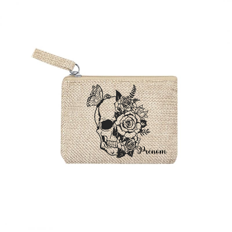 Pochette personnalisée tete de mort et fleur en jute et doré en jute et doré