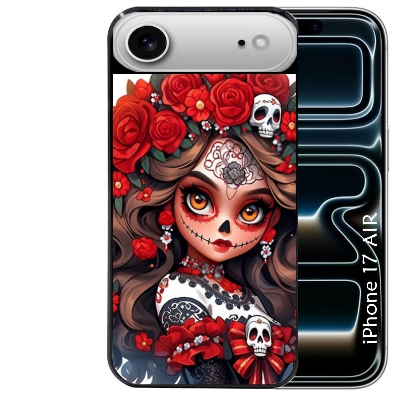 Coque noire taperso pour Iphone 17 17E AIR MAX PRO avec motif tete de mort calavera rouge protection antichoc personnalisée