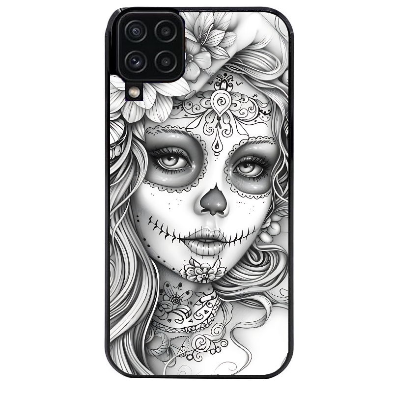 Coque noire taperso pour galaxy A22 A32 A52 A52S 4G 5G  avec motif mort calavera tatoo protection antichoc personnalisée