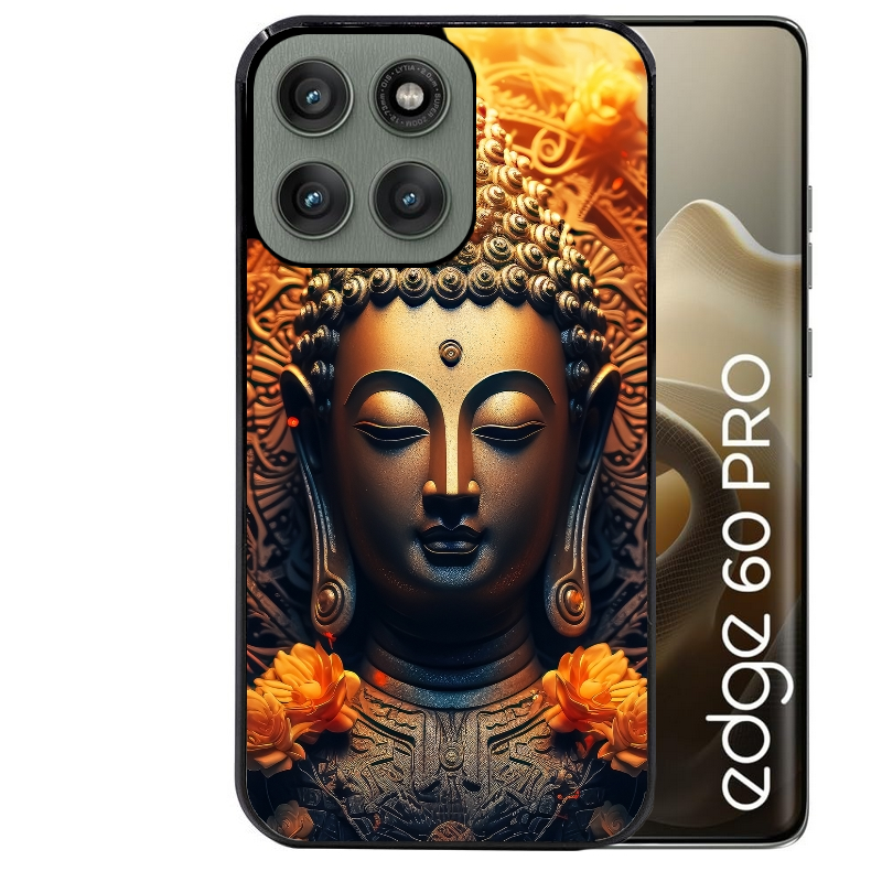 Coque noire taperso pour Moto Edge 60 et Neo Fusion Pro avec motif bouddha et fleur protection antichoc personnalisée