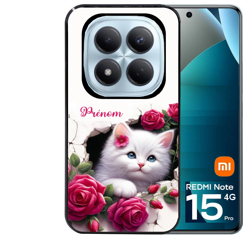 Coque noire taperso pour Redmi Note 15 et PRO PLUS 4G 5G avec motif chat fleurs personnalisee protection antichoc personnalisée