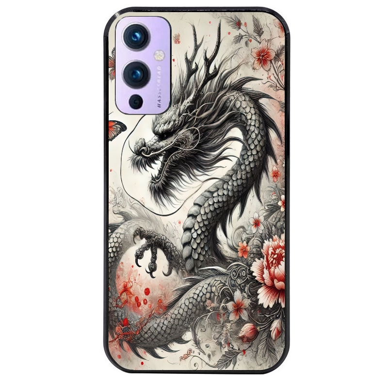 Coque noire taperso pour OnePlus 9 et 9 PRO avec motif dragon japan protection antichoc personnalisée