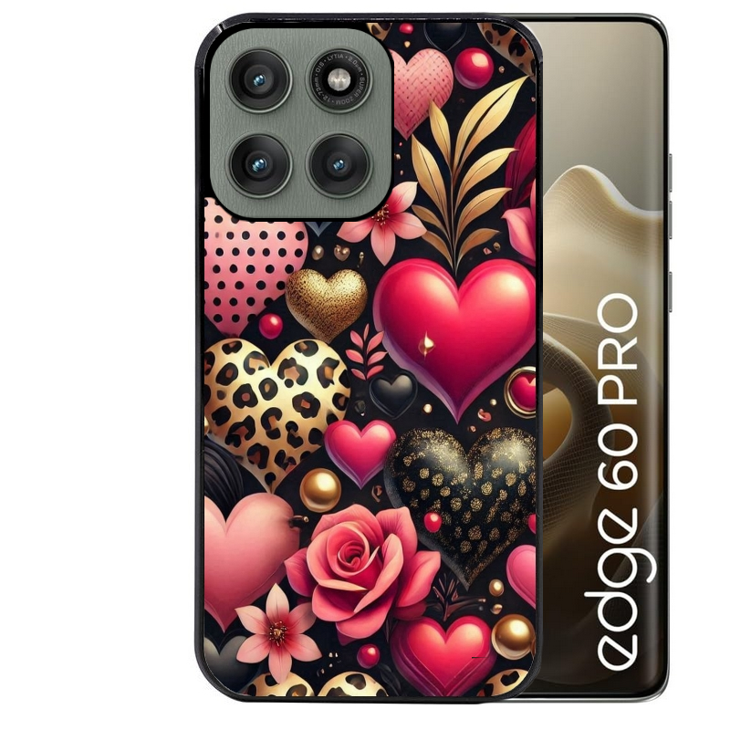 Coque noire taperso pour Moto Edge 60 et Neo Fusion Pro avec motif coeur et leopard protection antichoc personnalisée