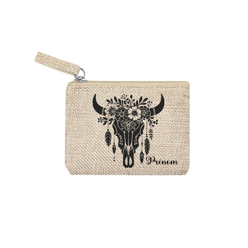 Pochette personnalisée skull bull plumes en jute et doré en jute et doré
