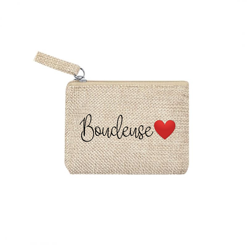Pochette motif boudeuse et cœur en toile et simili cuir