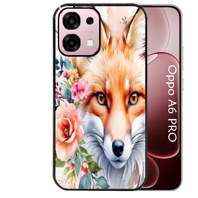 Coque noire taperso pour OPPO A6 PRO 4G et 5G avec motif renard fox et fleurs protection antichoc personnalisée