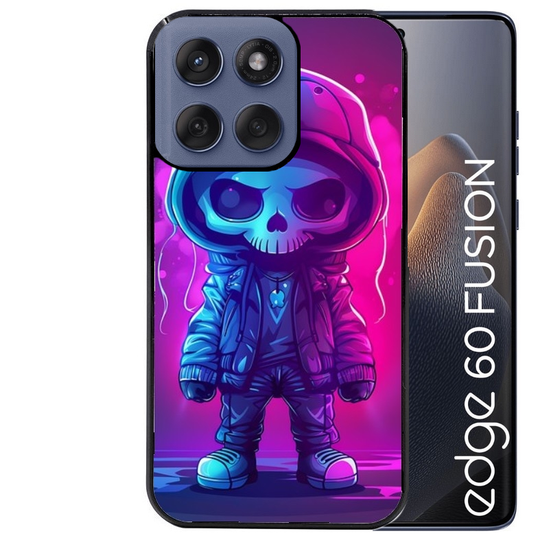 Coque noire taperso pour Moto Edge 60 et Neo Fusion Pro avec motif tete de mort skull fluo protection antichoc personnalisée