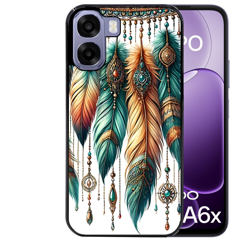 Coque noire taperso pour OPPO A6 A6X 4G et 5G avec motif plumes et bijoux protection antichoc personnalisée