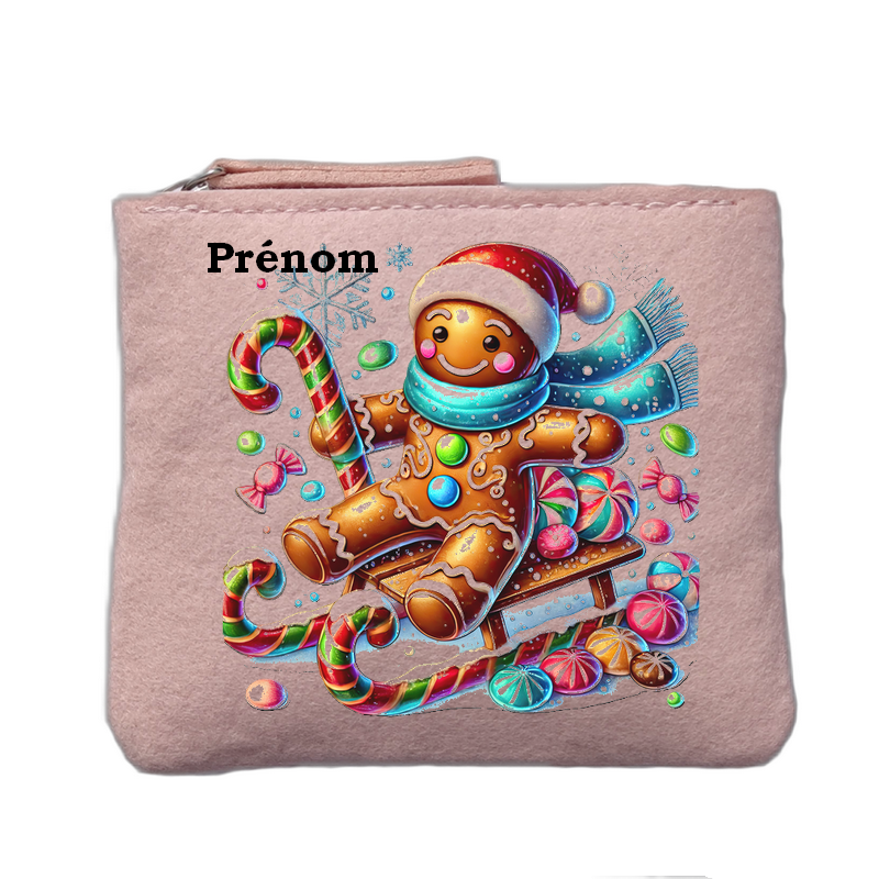 Porte monnaie personnalisé motif noel ginger bread rose clair en feutrine en feutrine