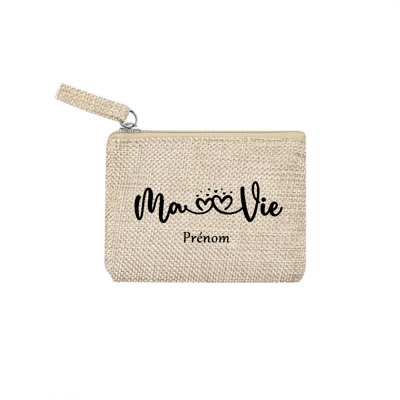 Pochette personnalisée motif ma vie en toile et simili cuir personnalisée