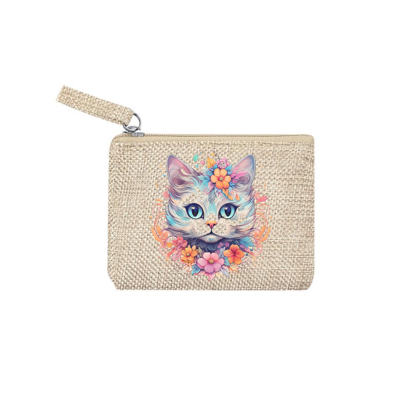 Pochette personnalisée motif chat pastel en toile et simili cuir personnalisée