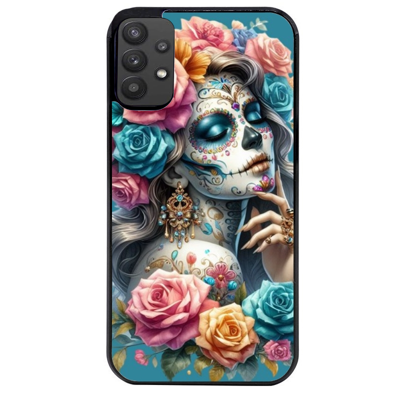 Coque noire taperso pour galaxy A22 A32 A52 A52S 4G 5G  avec motif tete de mort calavera bleu protection antichoc personnalisée