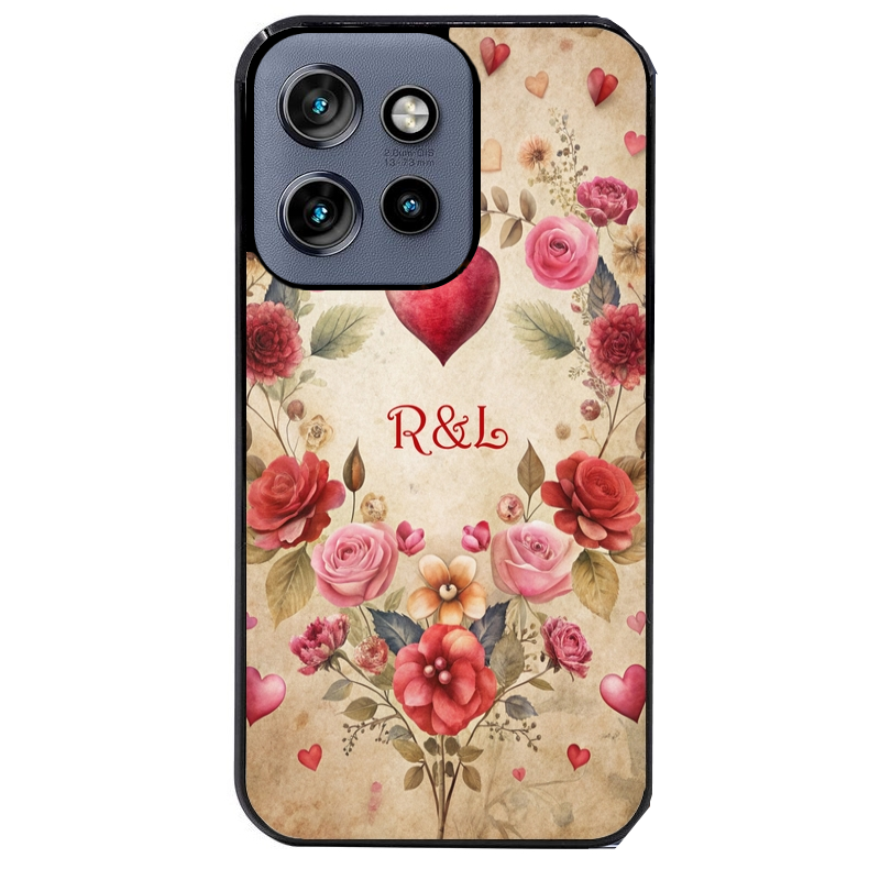 Coque noire taperso pour Moto Edge 60 et Neo Fusion Pro avec motif coeur vintage et initiales personnalisee protection antichoc personnalisée