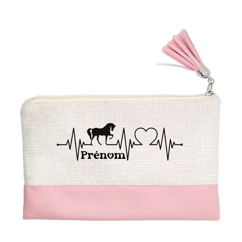 Pochette personnalisée motif cheval heartbeat en toile et simili cuir personnalisée