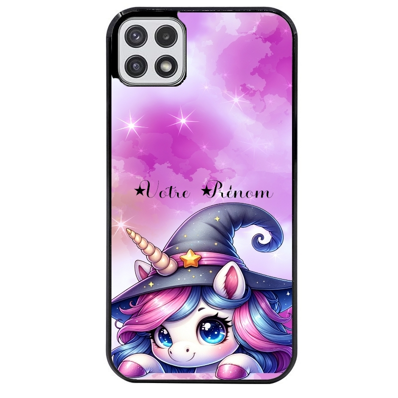 Coque noire taperso pour galaxy A22 A32 A52 A52S 4G 5G  avec motif licorne magic avec prenom protection antichoc personnalisée