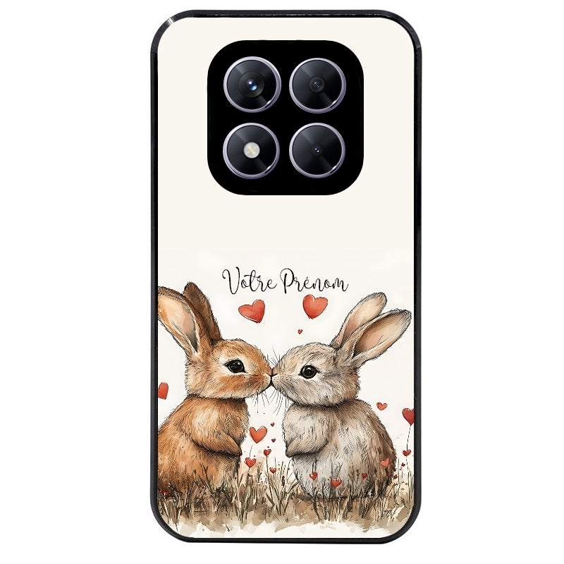 Coque noire taperso pour Redmi Note 14 et PRO PLUS 4G 5G avec motif lapin coeur avec prenom protection antichoc personnalisée