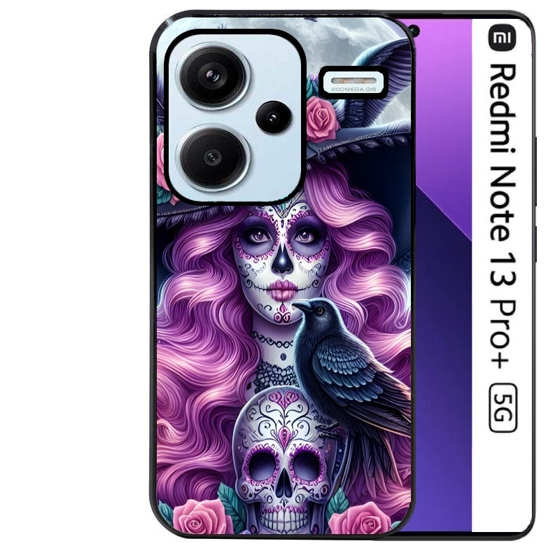 Coque noire taperso pour Redmi Note 13 PRO PLUS 5G avec motif tete de mort calavera et corbeau protection antichoc personnalisée