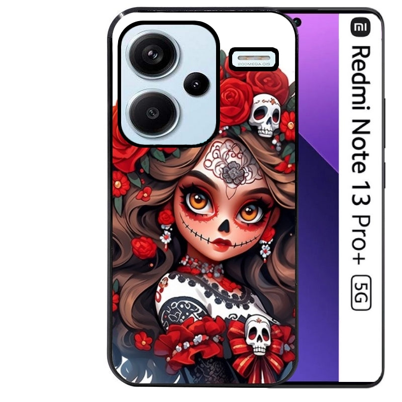 Coque noire taperso pour Redmi Note 13 PRO PLUS 5G avec motif tete de mort calavera rouge protection antichoc personnalisée