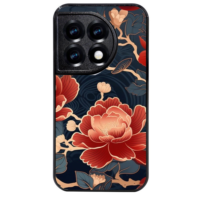 Coque noire taperso pour OnePlus 11 et 12 avec motif fleur japan protection antichoc personnalisée