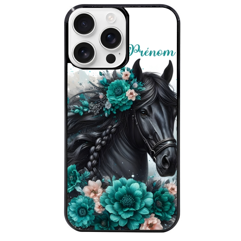 Coque noire taperso pour Iphone 16 16E PLUS MAX PRO avec motif cheval et fleurs personnalisee protection antichoc personnalisée