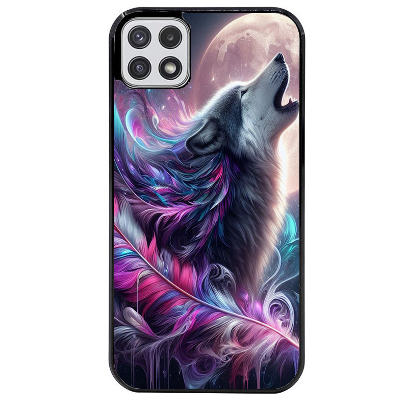 Coque noire taperso pour galaxy A22 A32 A52 A52S 4G 5G  avec motif loup et plume protection antichoc personnalisée