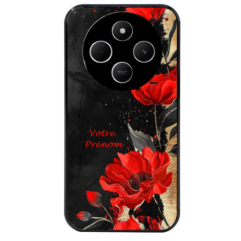 Coque noire taperso pour POCO C75 avec motif fleur rouge avec prenom protection antichoc personnalisée