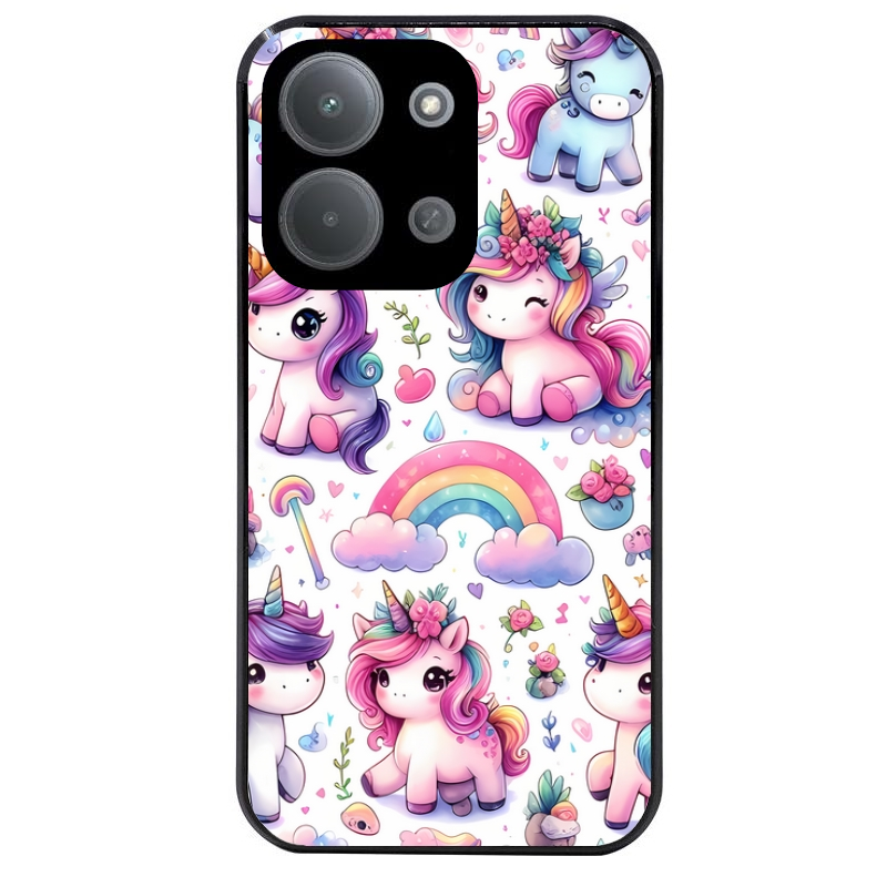 Coque noire taperso pour POCO C85 avec motif licorne arc en ciel protection antichoc personnalisée