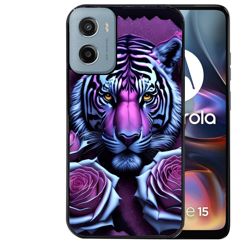 Coque noire taperso pour Moto E13 E14 E15 avec motif tigre uv style manga protection antichoc personnalisée