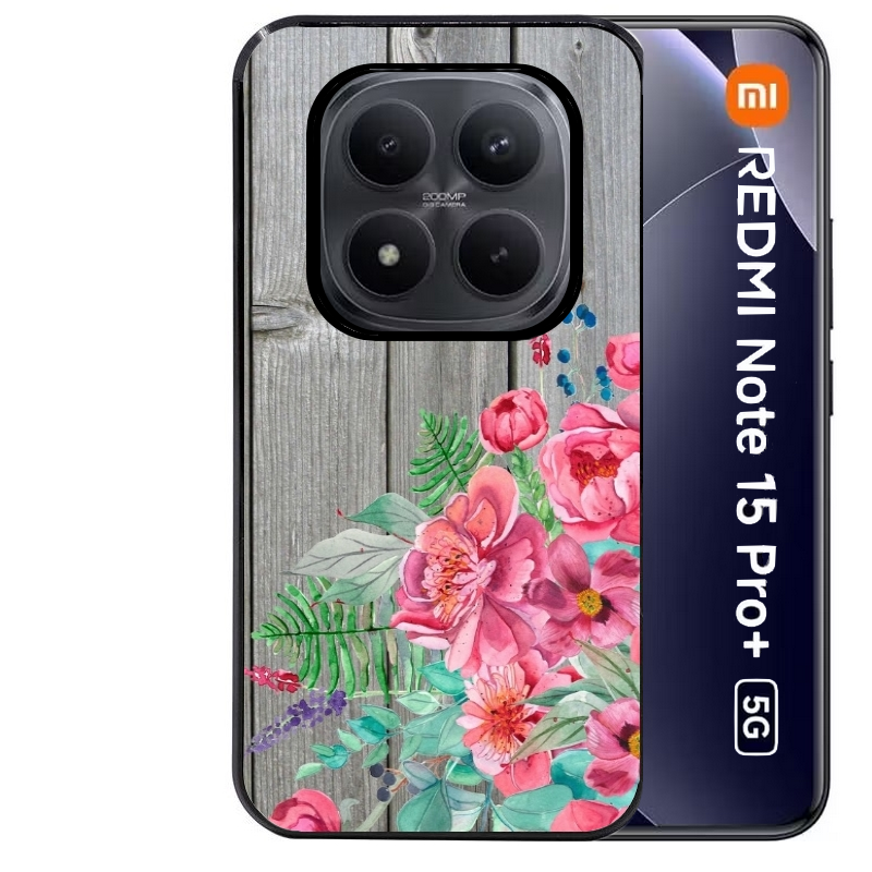 Coque noire taperso pour Redmi Note 15 et PRO PLUS 4G 5G avec motif bois gris et fleur rose protection antichoc personnalisée