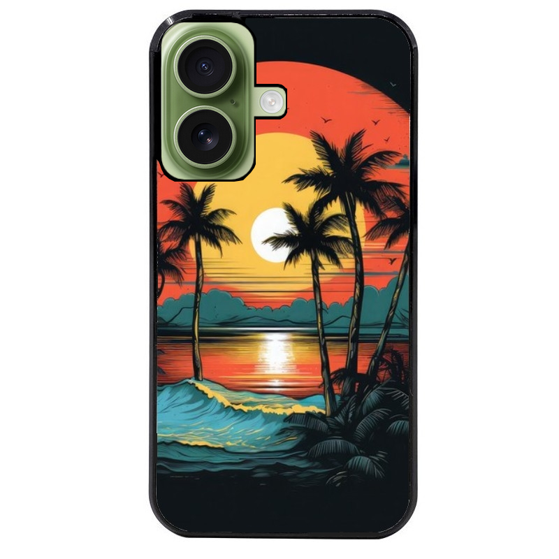 Coque noire taperso pour Iphone 16 16E PLUS MAX PRO avec motif hawaii palmier protection antichoc personnalisée