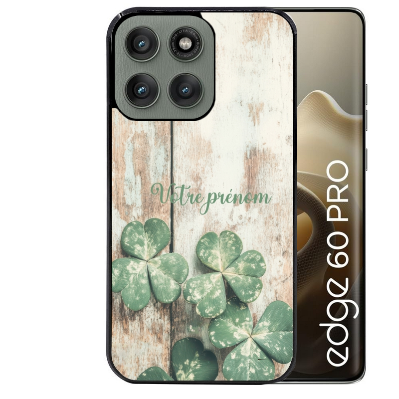 Coque noire taperso pour Moto Edge 60 et Neo Fusion Pro avec motif bois et trefle personnalisee protection antichoc personnalisée