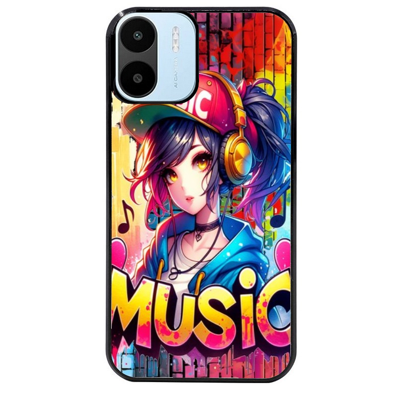 Coque noire taperso pour Redmi A1 et A2 avec motif anime manga et music protection antichoc personnalisée