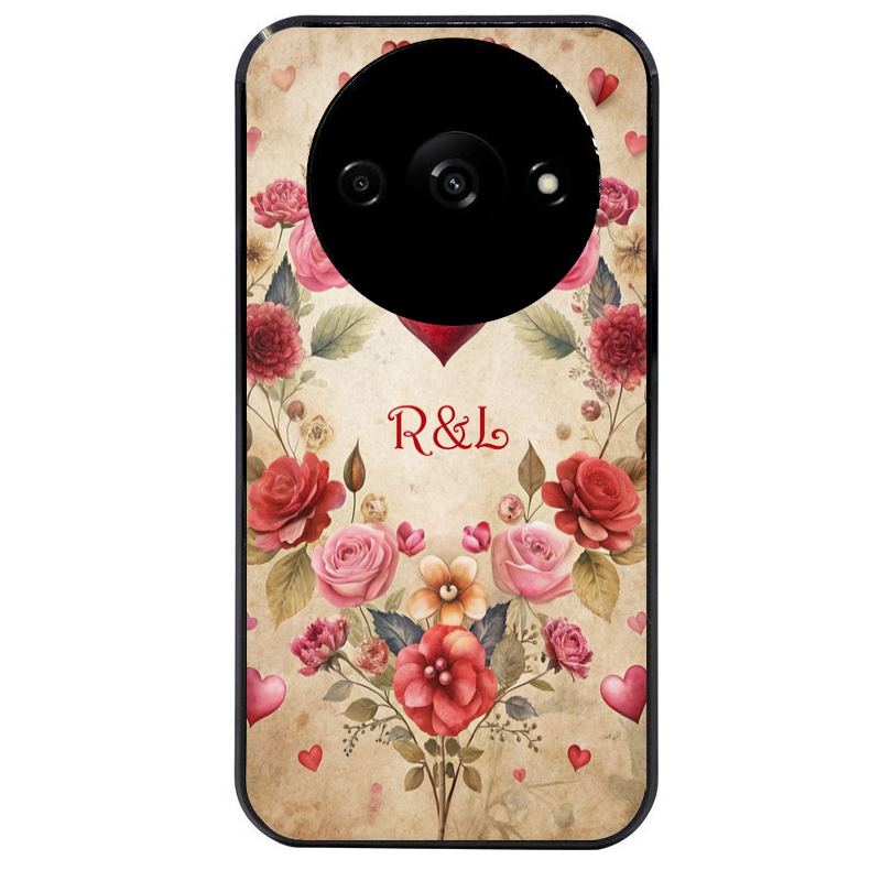 Coque noire taperso pour Redmi A3 avec motif coeur vintage et initiales personnalisee protection antichoc personnalisée