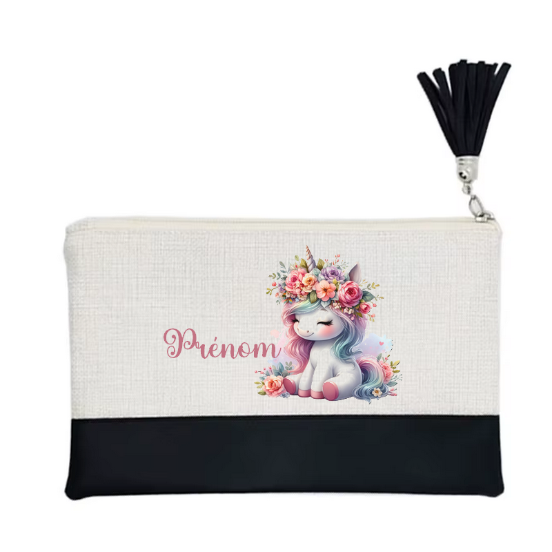 Pochette personnalisée motif licorne fleur en toile et simili cuir personnalisée