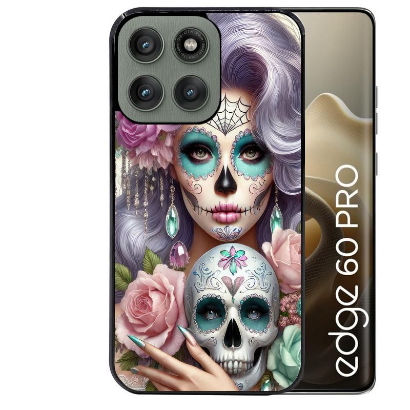 Coque noire taperso pour Moto Edge 60 et Neo Fusion Pro avec motif tete de mort calavera bijoux protection antichoc personnalisée