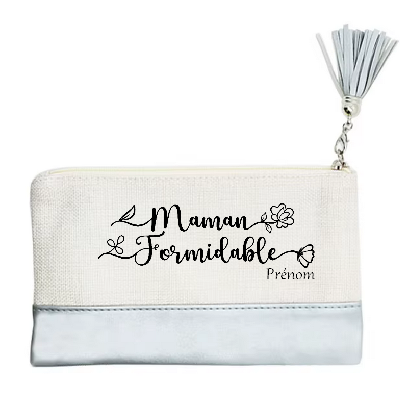 Pochette personnalisée motif maman formidable en toile et simili cuir personnalisée