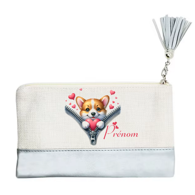 Pochette personnalisée motif chien zip en toile et simili cuir personnalisée