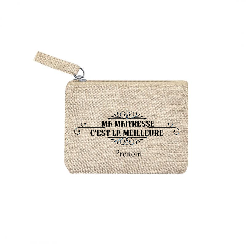 Pochette personnalisée maîtresse la meilleure en jute et doré en jute et doré