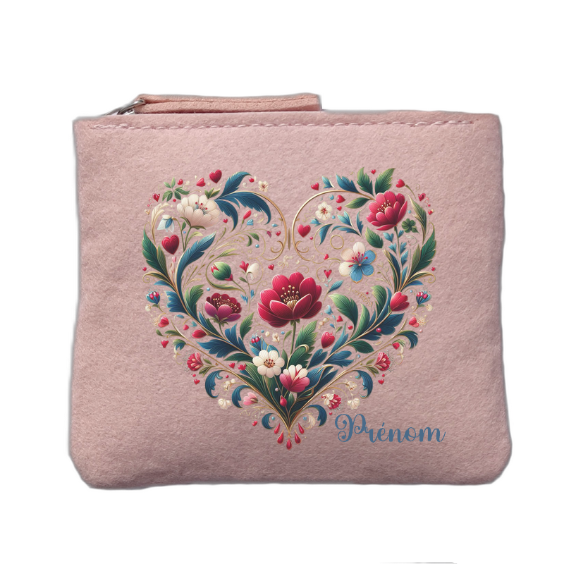 Porte monnaie personnalisé motif coeur fleur rose clair en feutrine en feutrine