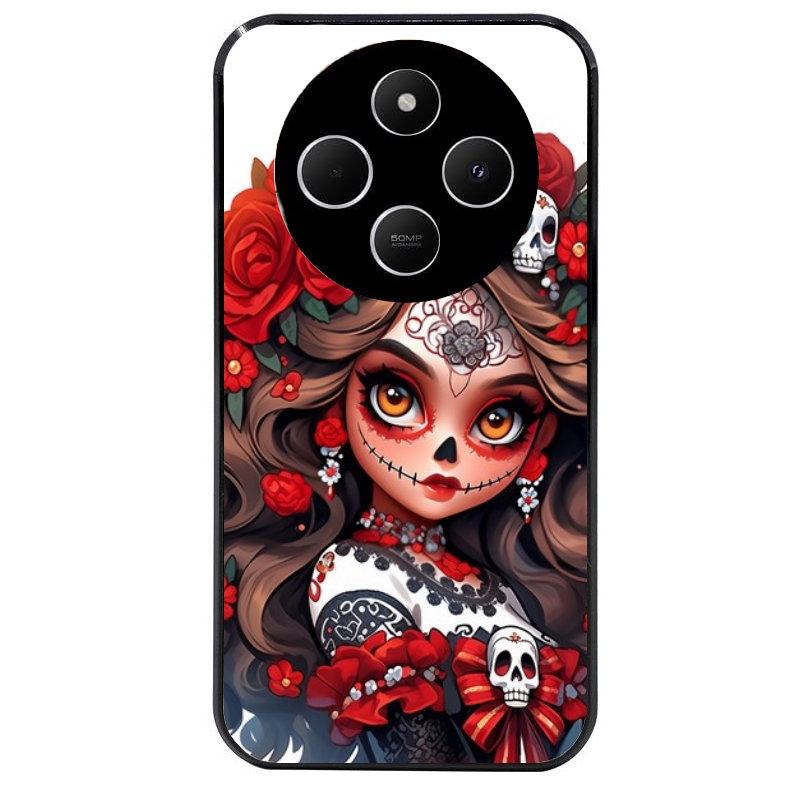 Coque noire taperso pour POCO C75 avec motif tete de mort calavera rouge protection antichoc personnalisée