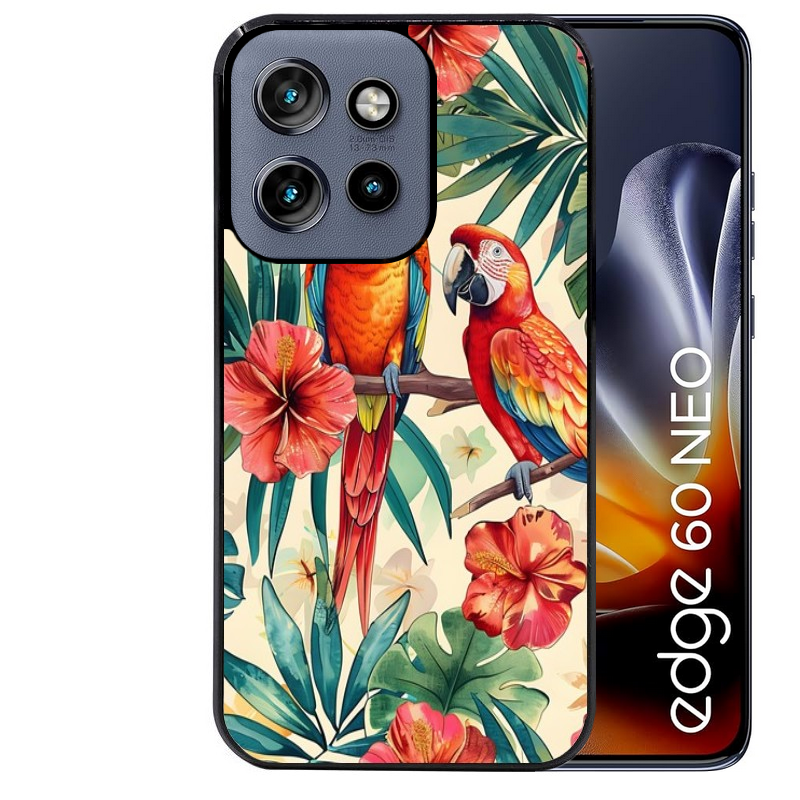 Coque noire taperso pour Moto Edge 60 et Neo Fusion Pro avec motif perroquet et fleurs protection antichoc personnalisée