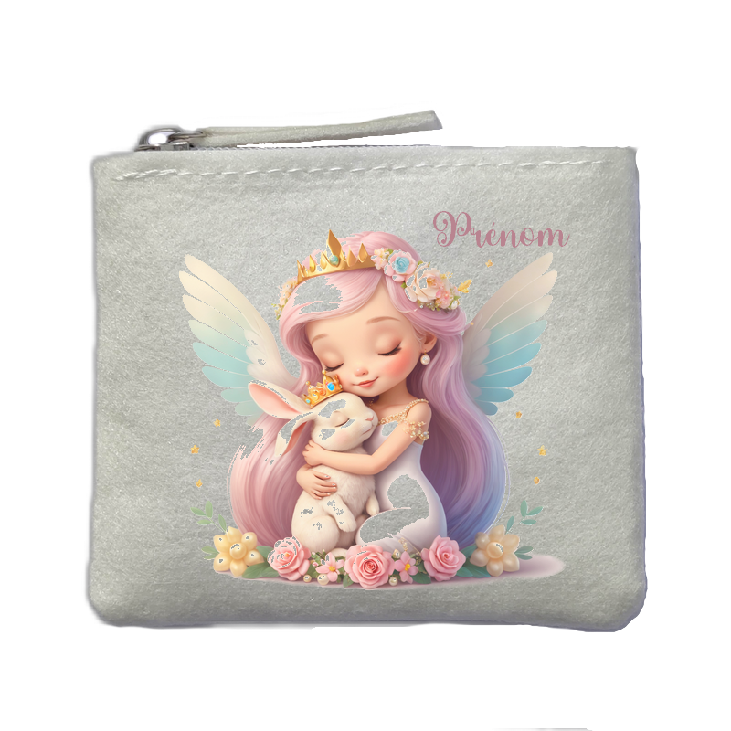 Porte monnaie personnalisé fee lapin ivoire en feutrine en feutrine ivoire