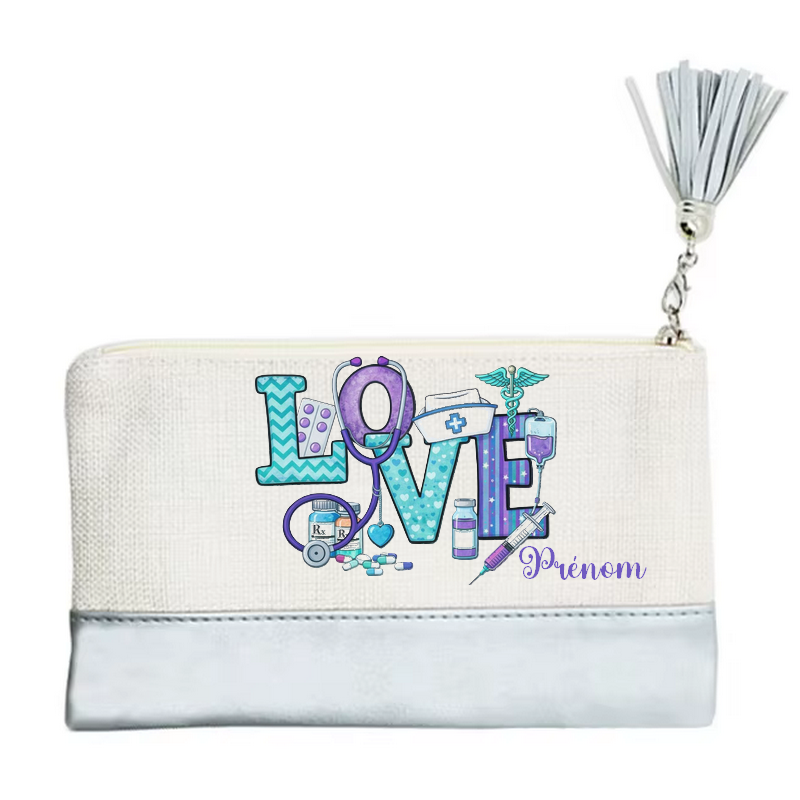 Pochette personnalisée motif love infirmiere en toile et simili cuir personnalisée