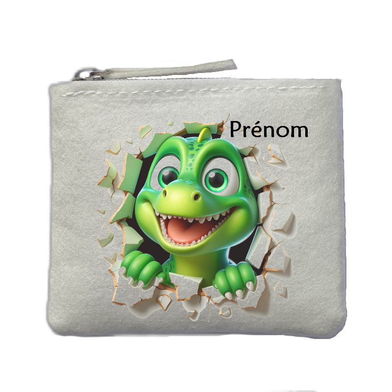 Porte monnaie personnalisé dinosaure smile ivoire en feutrine en feutrine ivoire