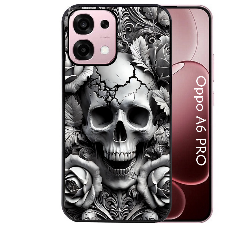 Coque noire taperso pour OPPO A6 PRO 4G et 5G avec motif tete de mort fleur protection antichoc personnalisée