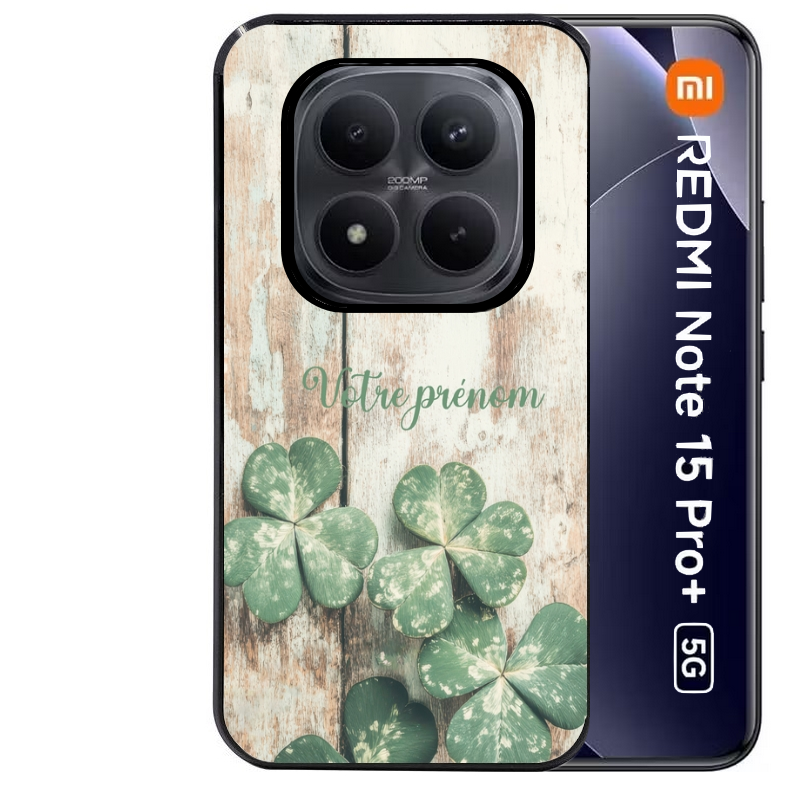Coque noire taperso pour Redmi Note 15 et PRO PLUS 4G 5G avec motif bois et trefle personnalisee protection antichoc personnalisée