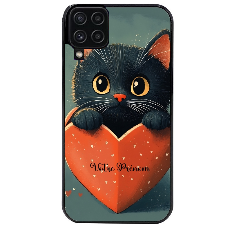 Coque noire taperso pour galaxy A22 A32 A52 A52S 4G 5G  avec motif chat et coeur avec prenom protection antichoc personnalisée