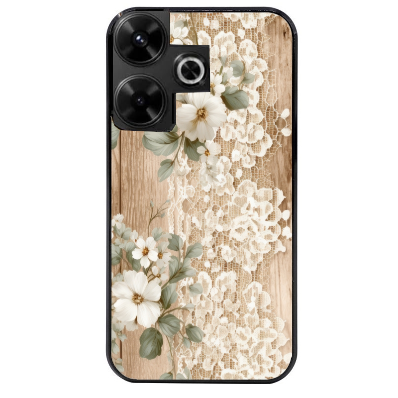 Coque noire taperso pour POCO M6 4G avec motif bois et dentelle 1 protection antichoc personnalisée