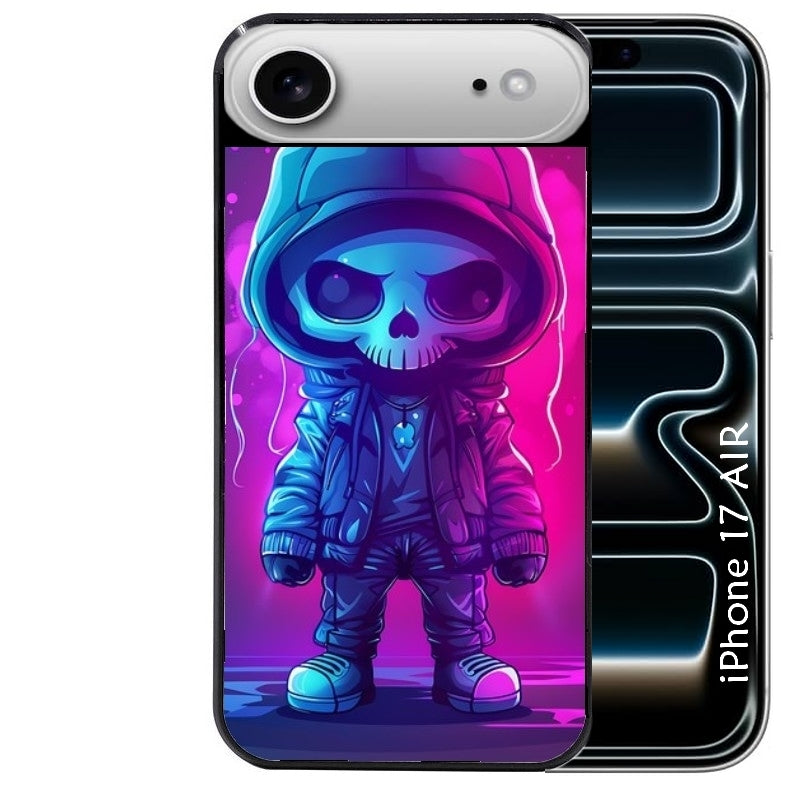 Coque noire taperso pour Iphone 17 17E AIR MAX PRO avec motif tete de mort skull fluo protection antichoc personnalisée